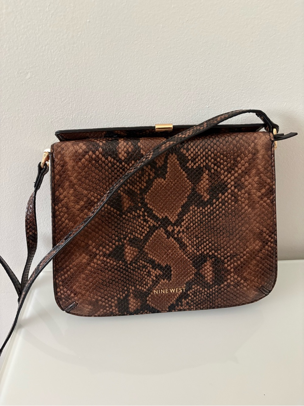 Nine West Brown Snake-Print Crossbody Shoulder Bag with Gold Accent